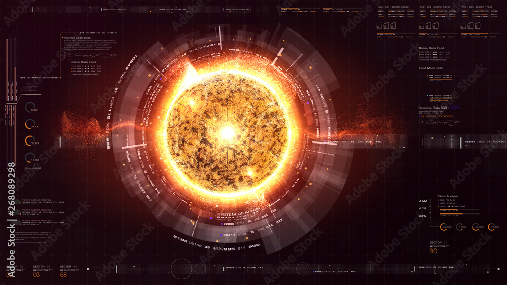 Poster Futuristic graphic user interface head up display screen with digital holographic Nuclear Fusion energy simulator display for digital background