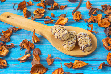Cookies for eid mubarak celebration on wooden ladle. Muslim festival called as hari raya.