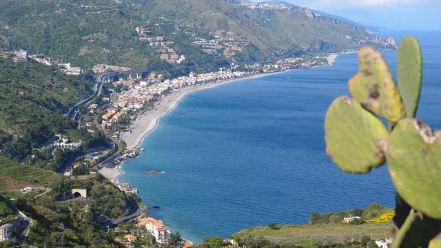 Blurred cactus overlooking Letojanni town on Sicilian coastline of Ionian sea