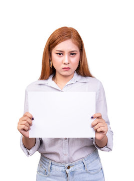 dissatisfied Asian woman holding blank white paper banner for protested with frown face. studio portrait shot isolated on white background with clipping path