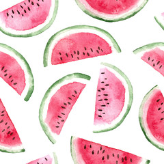 watercolor slices of watermelon. seamless pattern on a white background