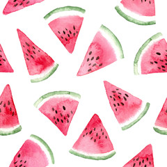 watercolor triangle slices of watermelon. seamless pattern on a white background