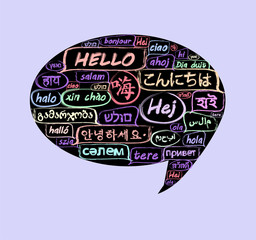 Hello colorful speech bubble word cloud in many different languages.