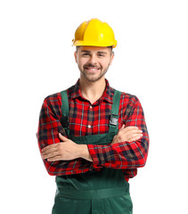 Male worker on white background