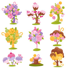 collection of magical trees and bushes with candy, lollipops and ice cream on the branches. Vector illustration on white background.