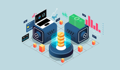 Isometric design concept virtual reality and augmented reality. software development and programming. Finance and payment system. isometric vector technology