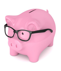 3d render of piggy bank with glasses over white