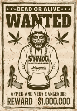 Rapper gangster skull in hoodie wanted poster