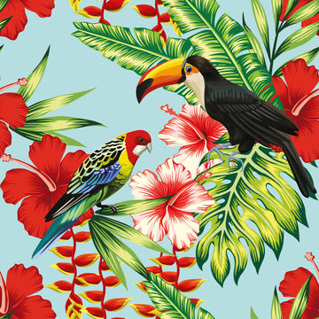 tropical birds and flowers seamless background