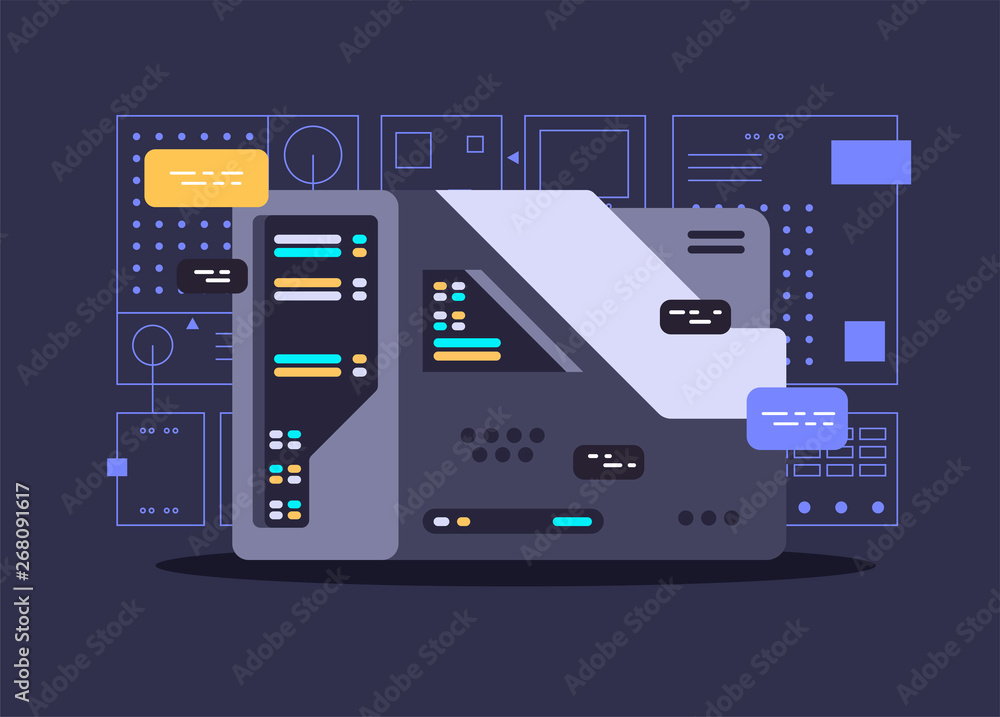 Poster quantum computer. software development and programming. vector illustration for websites