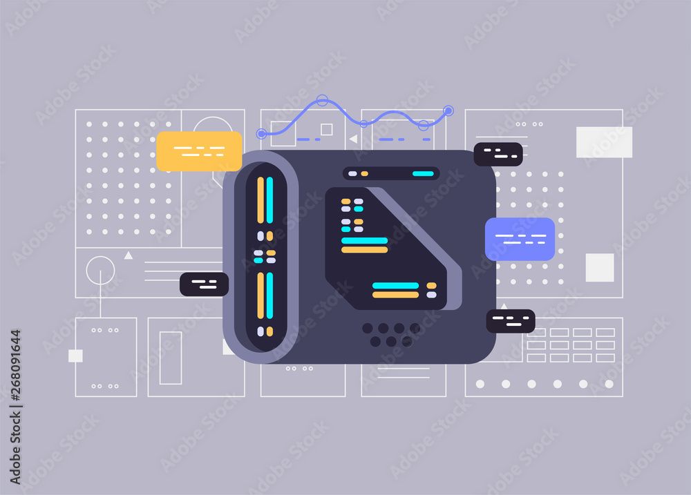 Poster Quantum computer. software development and programming. vector illustration for websites