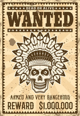 Indian chief skull wanted poster in vintage style