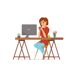 Woman working on computer colorful vector concept. Cartoon flat style illustration