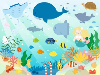 Acrylglas douchewanden met foto In de zee Illustratie van schattige zeedieren
