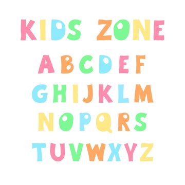 Hand drawn vector alphabet on white background in cartoon style. Cute colorful modern font for kids, baby girl t-shirts, nursery, poster, card, birthday party, baby shower.