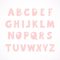 Hand sketched vector alphabet on white background in cartoon style. Cute pink modern font for kids, baby girl t-shirts, nursery, poster, card, birthday party, baby shower.