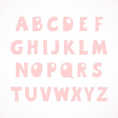 Hand sketched vector alphabet on white background in cartoon style. Cute pink modern font for kids, baby girl t-shirts, nursery, poster, card, birthday party, baby shower.