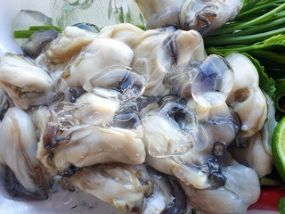 Thai food style, Fresh Oysters with vegetables acacia, lemon sliced as a background, ready for eat or serving
