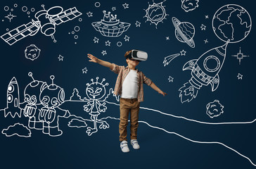 Painted dream about flying as an aircraft or rocket in cosmos. Little boy or child with virtual...