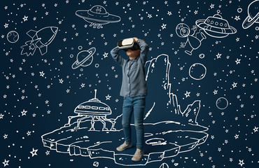 Painted dream about traveling in outer space or cosmos. Little girl or child with virtual reality...