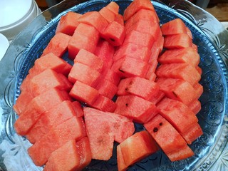 Top view of watermelon on plate in restaurant, Ready to eat or serve (Citrullus lanatus)