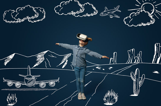 Painted dream about flying as an aircraft in desert. Little girl or child with virtual reality headset glasses. Concept of cutting edge technology, video games, innovation, childhood, dreams.