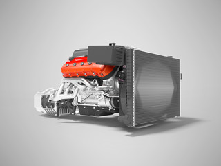 Car engine with radiator grille transmission with air filters 3d render on gray background with shadow