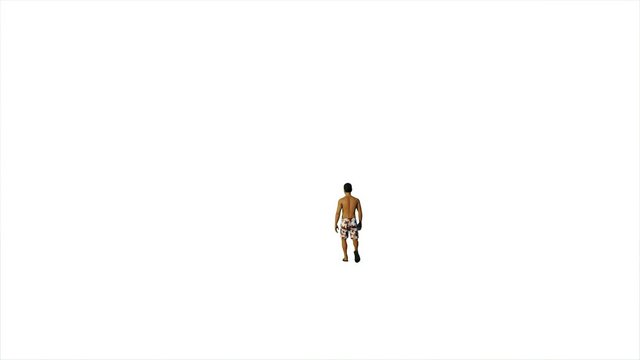 Caucasian man in shorts walking against white, 4K