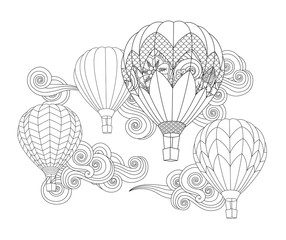 Hot air balloons in the sky. Zentangle inspired doodle style isolated on white. - 268095250