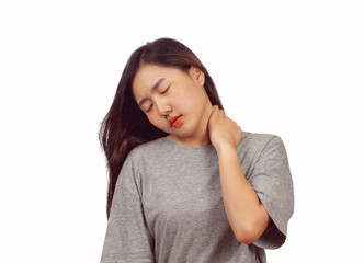 Fototapeta premium Woman feeling neck pain, massaging tense muscles,Aches and pains