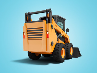 Modern orange mini loader on the back with black 3d rider on blue background with shadow