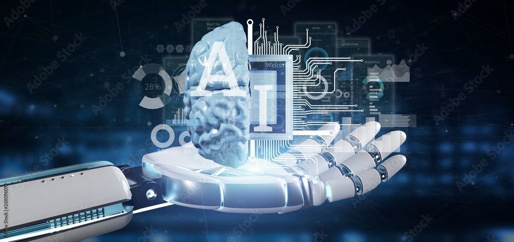 Aufkleber cyborg hand holding artificial intelligence icon with half brain and half circuit 3d rendering