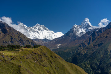 Everest, Lhotse, Ama Dablam mountain peak in Everest region, Himalayas range, Nepal