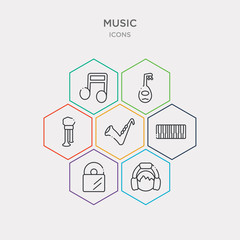 simple set of boy with headphones, long play record cover, seven piano keys, sax icons, contains such as icons bladder pipe, lute, music note black and more. 64x64 pixel perfect. infographics vector