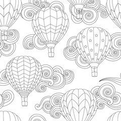 Seamless pattern with image of Hot air balloon in zentangle inspired doodle style isolated on white. - 268096068