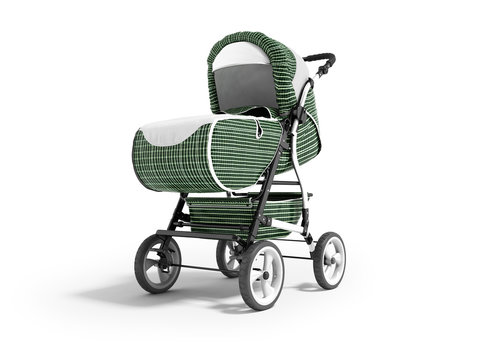 Modern walking metallic baby stroller green cage with white inserts with pocket holder below 3d render on white background with shadow