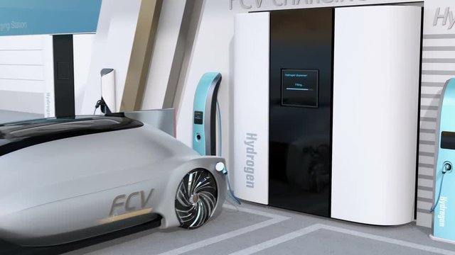 Fuel Cell powered autonomous car filling gas in Fuel Cell Hydrogen Station. 3D rendering animation.