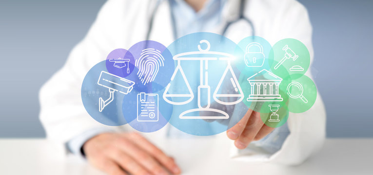 Doctor holding Cloud of justice and law icon bubble with data 3d rendering
