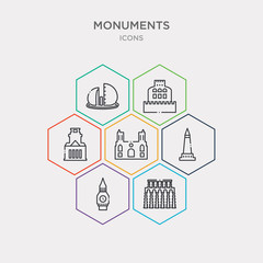 simple set of segovia aqueduct, clock tower, walled obelisk, notre dame cathedral icons, contains such as icons shrine of remembrance, castle of the holy angel in rome, al shaheed monument and more.