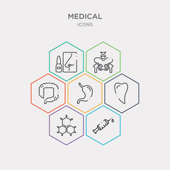 simple set of syringe with medicine, three hexagons cell, canine, esophagus icons, contains such as icons colon, pelvis, nasal and more. 64x64 pixel perfect. infographics vector