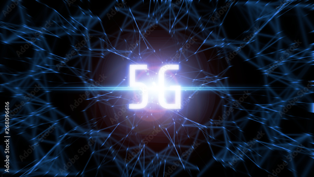 Poster 3d rendering of network communication dots nodes and lines with glowing 5g text. concept of next gen