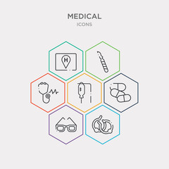 simple set of round earrings, glasses for eyes, cure, perfusion icons, contains such as icons stethoscope medical heart beats control tool, scalpel or knife medical surgery cutting tool, hospital