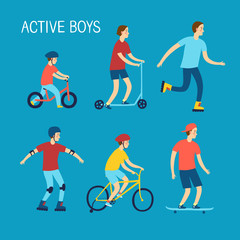 Fototapeta na wymiar Active boys riding and playing outdoor