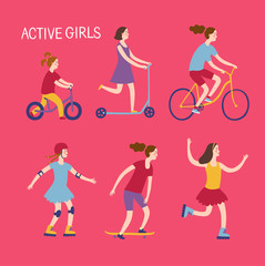 Active girls riding and playing outdoor
