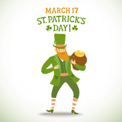 Cartoon leprechaun holding a pot of gold