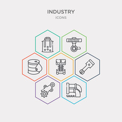 simple set of sewage, timing belt, piston, lift icons, contains such as icons oil tank, uncoiler, electrolysis and more. 64x64 pixel perfect. infographics vector