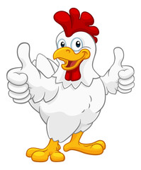 A chicken cartoon rooster cockerel character mascot giving a thumbs up.