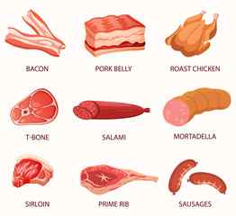  et of meat products with a colorful vector pattern. Fresh food design elements: bacon, pork belly, roast chicken, t-bone, salami, mortadella, sirloin, prime rib, sausages