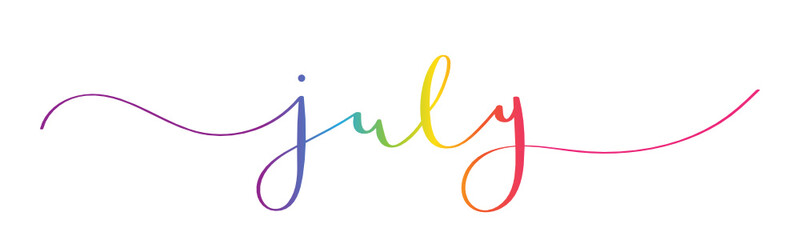 JULY rainbow brush calligraphy banner with swashes - obrazy, fototapety, plakaty