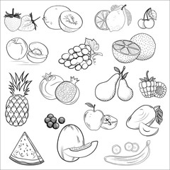 Set of icons drawn fruit. orange, peach, plum, banana, watermelon, pineapple, papaya, grapes cherry kiwi ango apple pear fresh food design elements